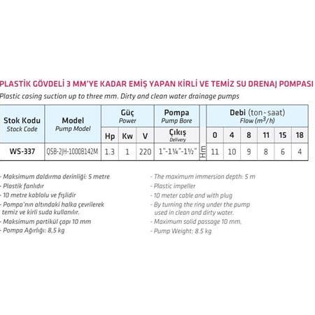 Water WS-337 Kirli-Temiz Su Dalgıç Pompa 1300 watt